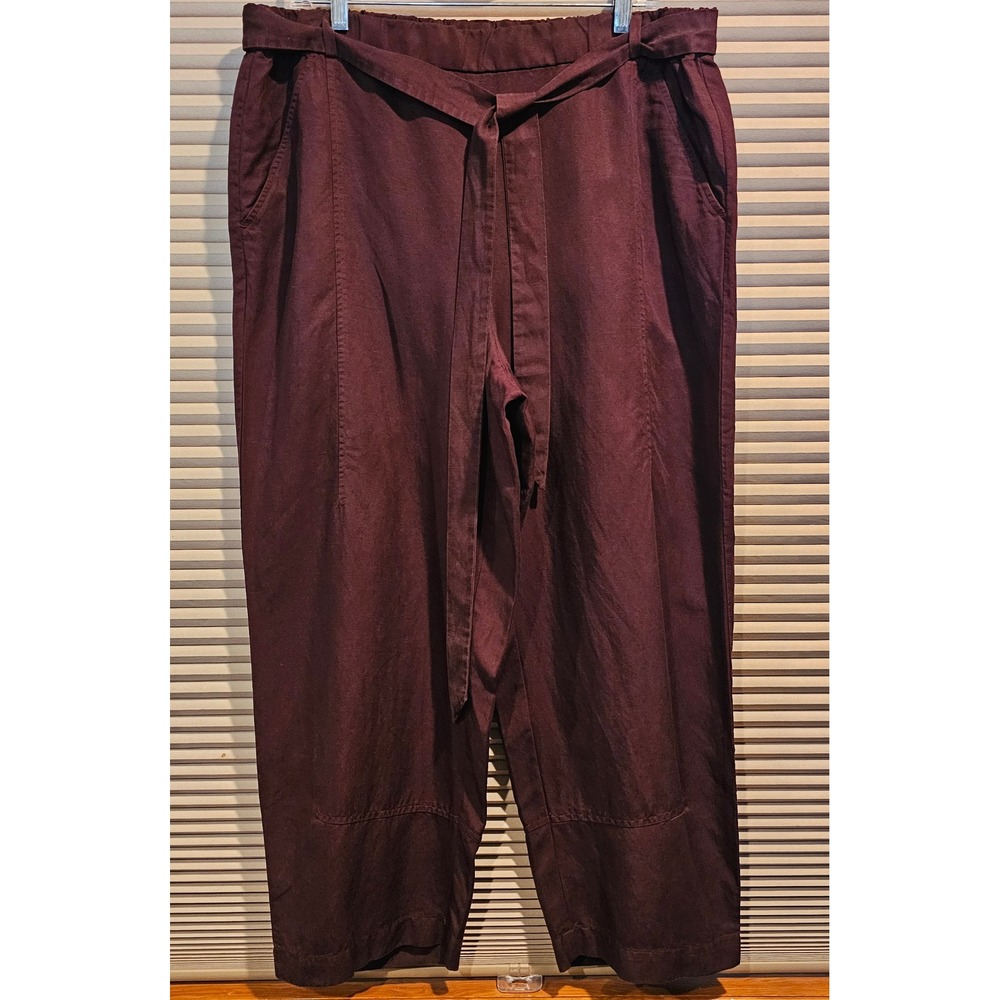Eileen Fisher‎ Womens Burgundy Tencel Linen Wide Leg Belted Crop Pants Large L